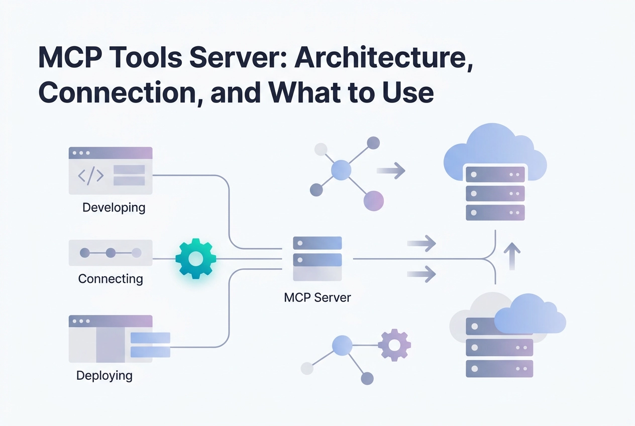 Professional header image for educational tutorial: MCP Tools Server: Architecture, Connection, and What to Use