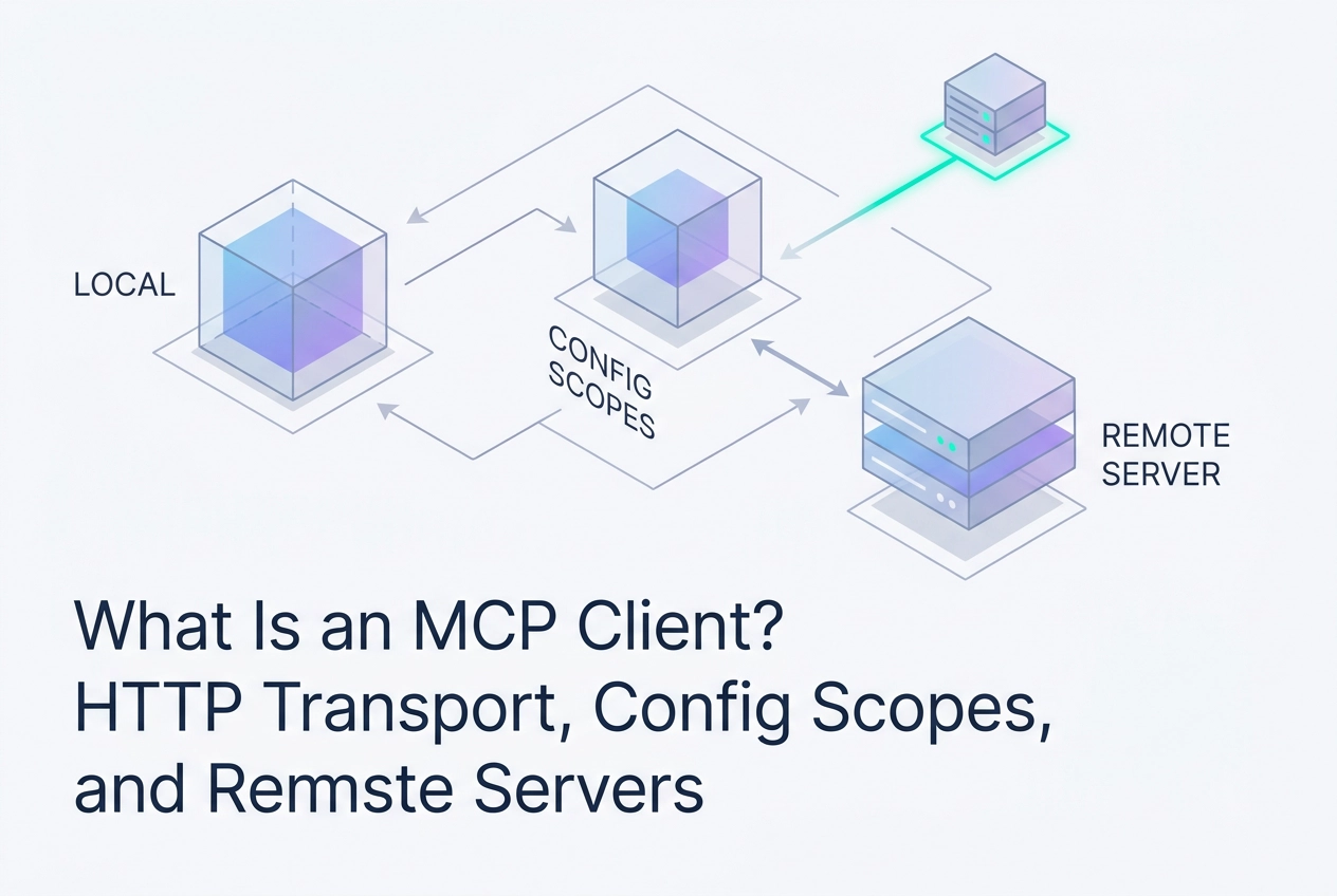 Professional header image for educational tutorial: What Is an MCP Client? HTTP Transport, Config Scopes, and...