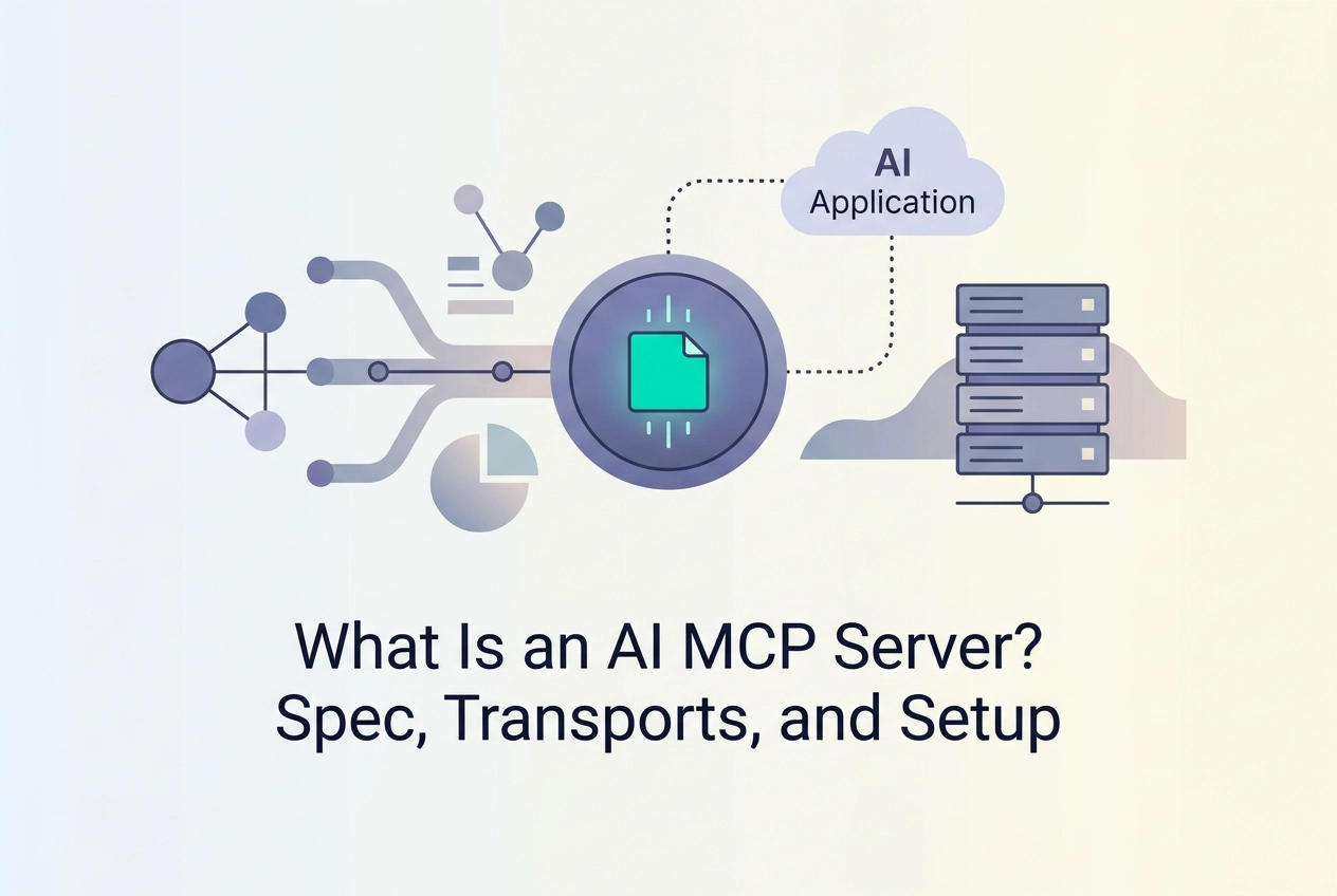 Professional header image for educational tutorial: What Is an AI MCP Server? Spec, Transports, and Setup