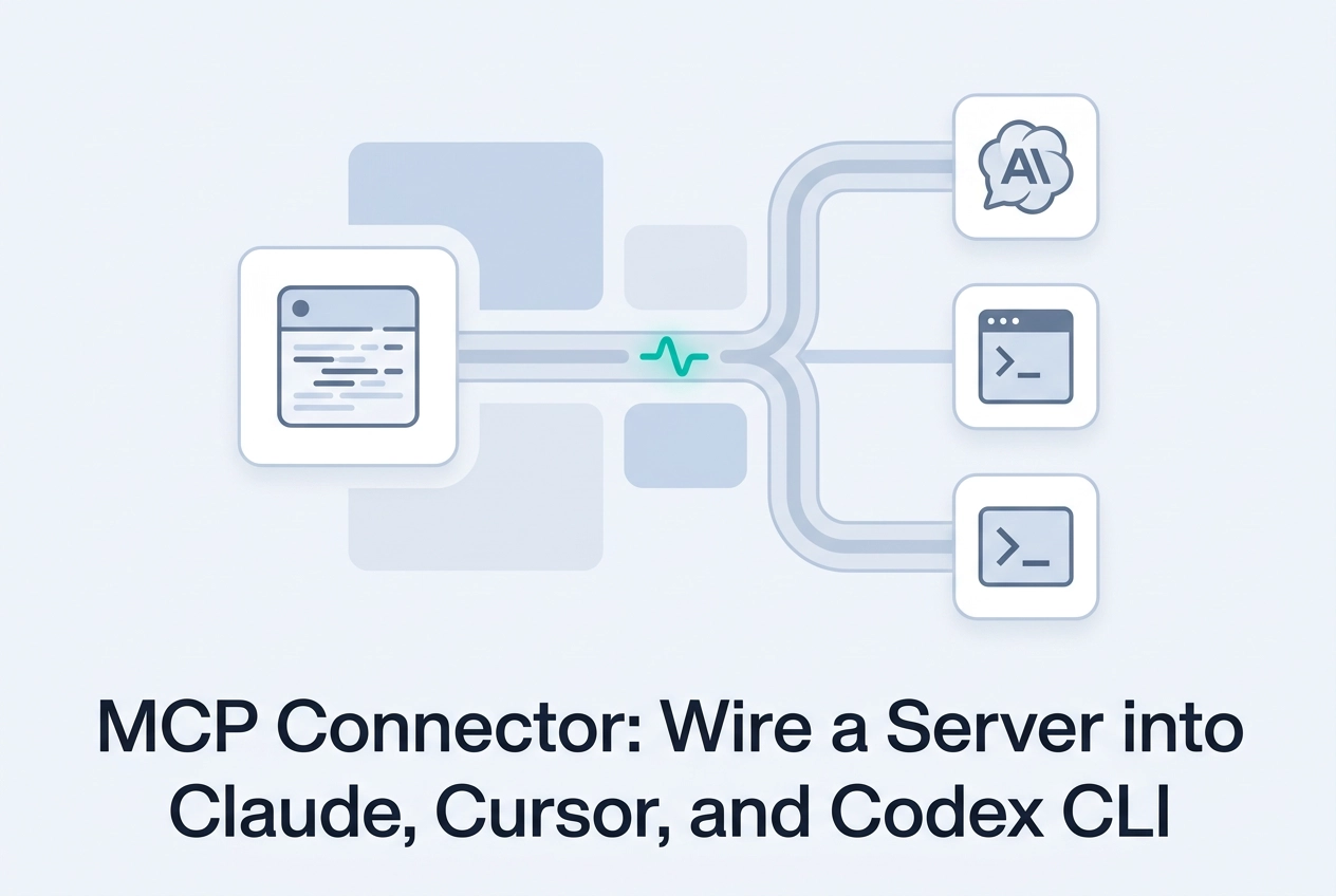 Professional header image for educational tutorial: MCP Connector: Wire a Server into Claude, Cursor, and Cod...