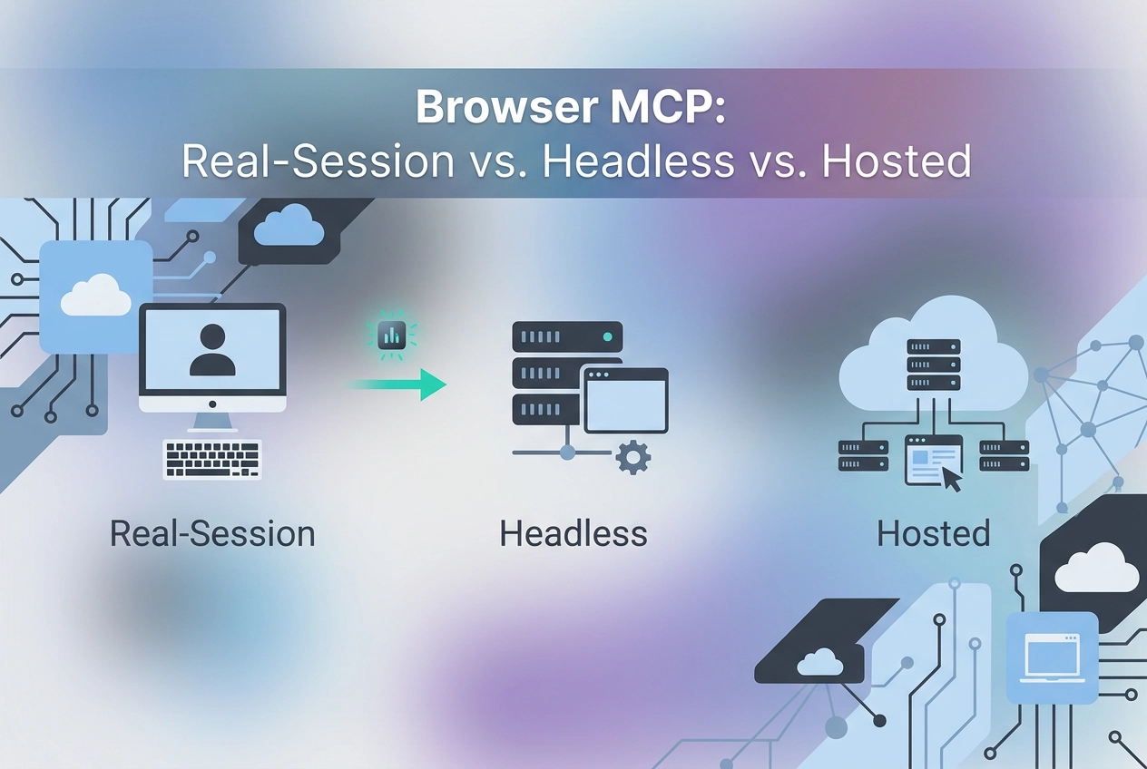 Professional header image for comparison analysis: Browser MCP: Real-Session vs. Headless vs. Hosted