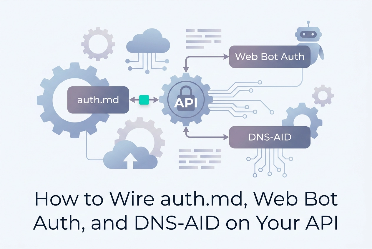 Professional header image for step-by-step guide: How to Wire auth.md, Web Bot Auth, and DNS-AID on Your API