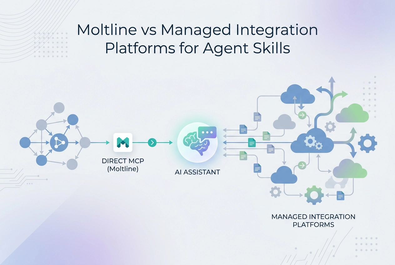 Professional header image for comparison analysis: Moltline vs Managed Integration Platforms for Agent Skills