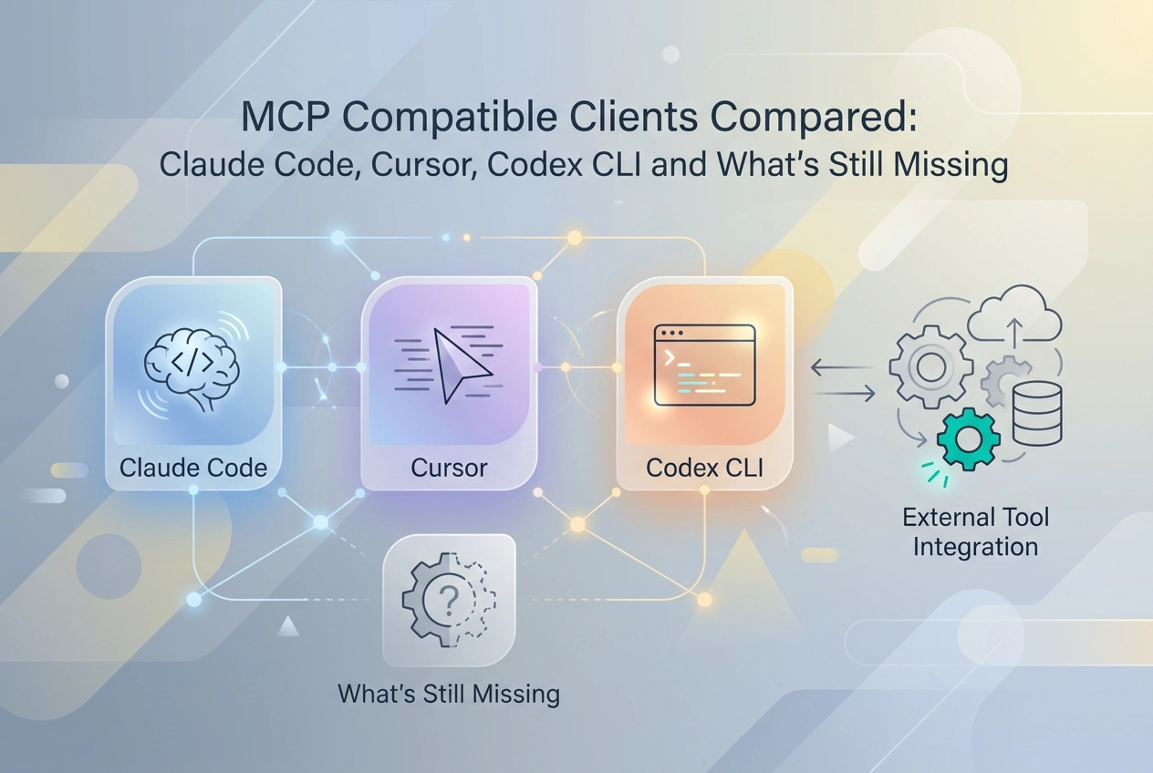 Professional header image for comparison analysis: MCP Compatible Clients Compared: Claude Code, Cursor, Cod...