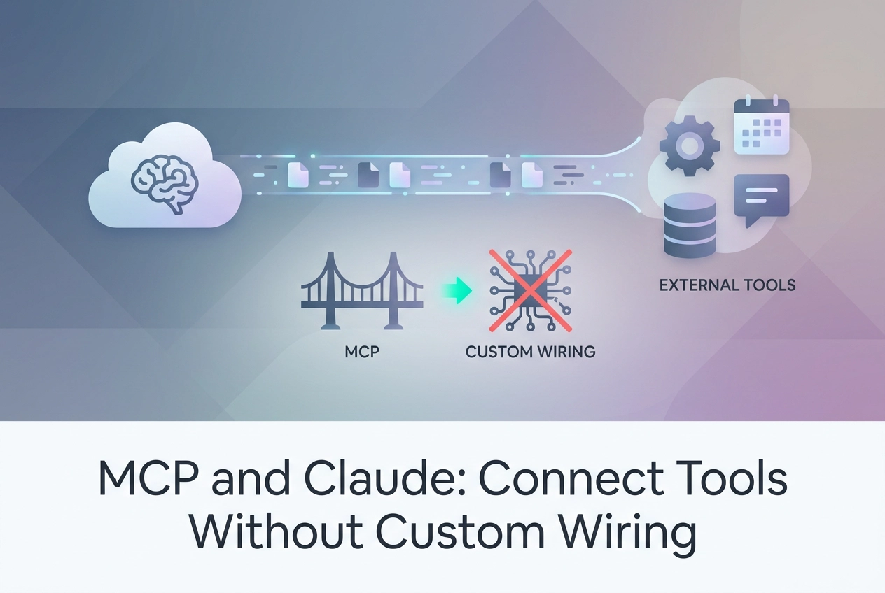 Professional header image for educational tutorial: MCP and Claude: Connect Tools Without Custom Wiring
